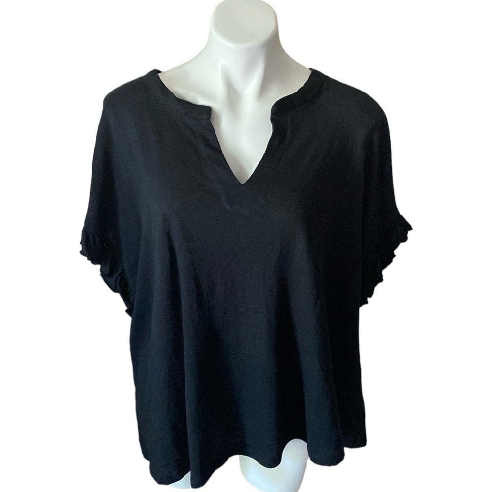Chelsea And Theodore Black 100% Cotton V-neck Ruffle Sleeve Tee Plus Size 3X